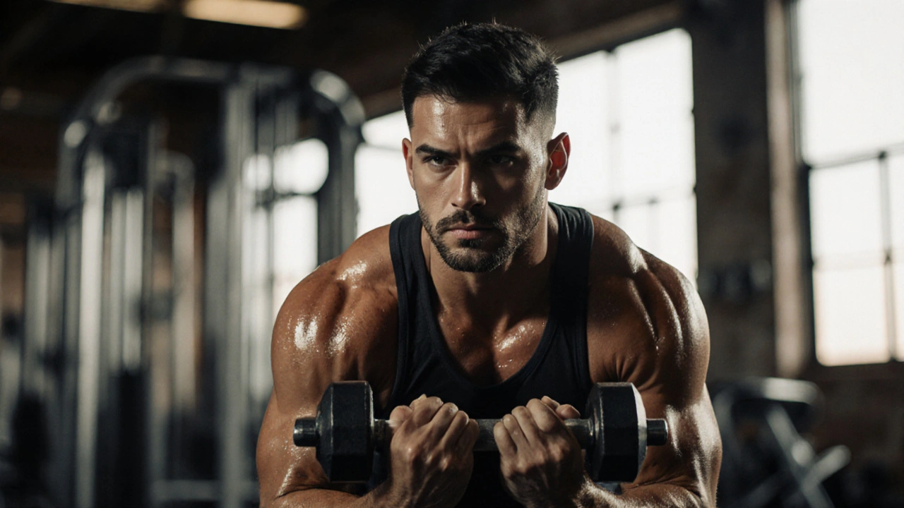 Atlet dělá squats v posilovně s intenzivním výrazem a potem na kůži.