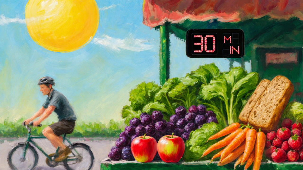 Barevná scéna na farmářském trhu s čerstvým ovocem a zeleninou, vedle cyklisty a časovače 30 min.