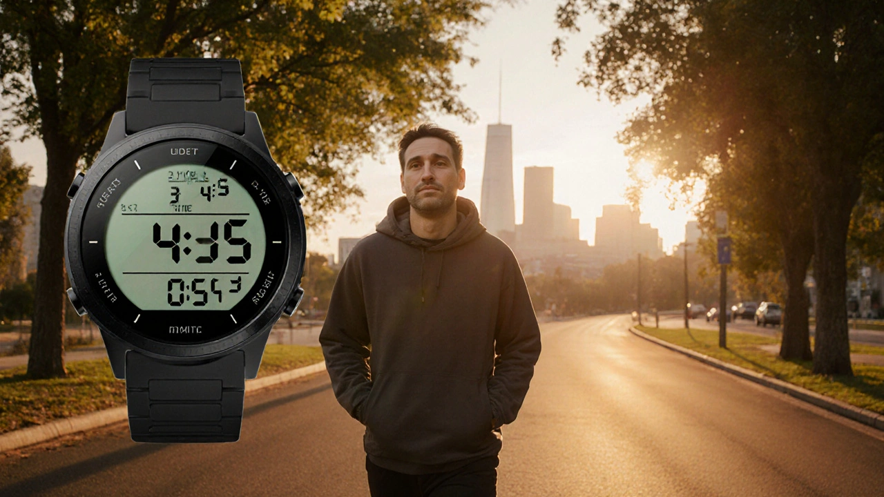 Člověk klidně prochází ulicí v zlatém světle odpoledne, ruce v kapsách.