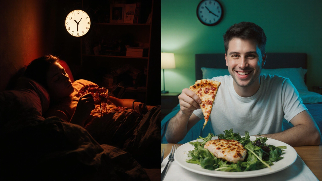 Dvě scény: pozdní těžká večeře vpravo a včasná lehká večeře vlevo.