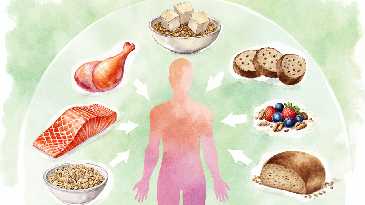 Ilustrace makroživin: protein, vláknina a omega‑3 zobrazené jako různé potraviny kolem lidské siluety.