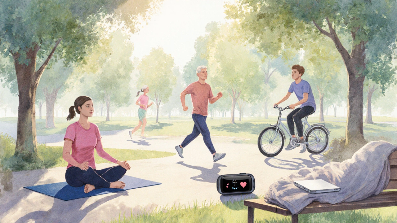 Lidé cvičí v parku během rána, ukazují pohyb, klid a zdravý životní styl.