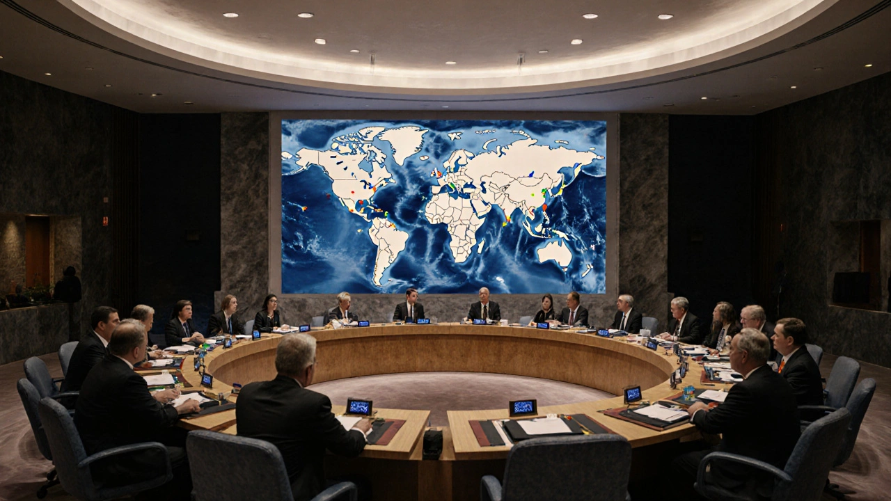 Mezinárodní konference v halě WHO, delegáti u kulatého stolu, světové vlajky v pozadí.