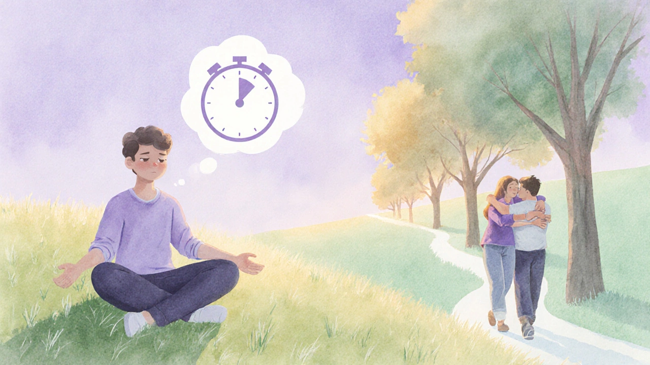 Muž/žena dýchá na trávníku, jde na procházku a dostává podporu od přátel.