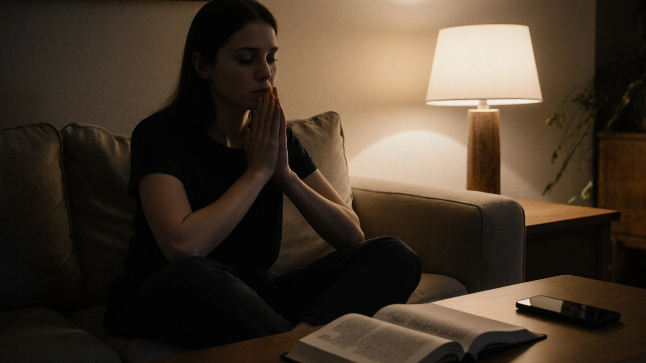 Osoba sedí v klidu s očima zavřenými, dýchá pomalu, telefon je obrácený dolů.