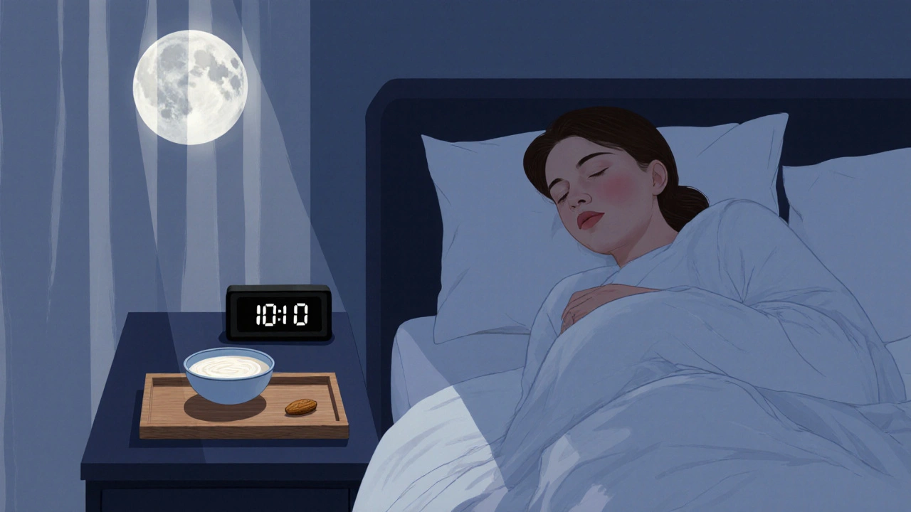 Osoba spí v posteli, vedle ní lehký snídaně na nočním stolku.