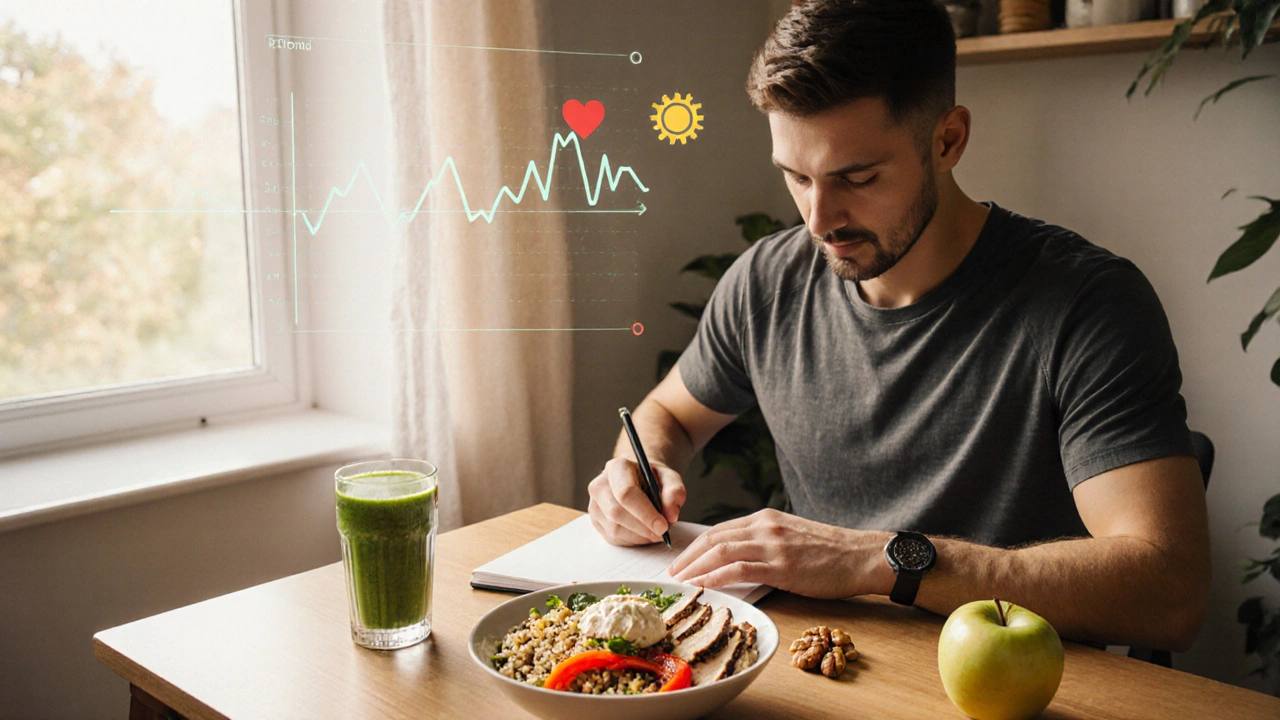Osoba zaznamenává jídlo do deníku, vedle ní jsou smoothie, quinoa miska a jablko s ořechy, sluneční světlo.