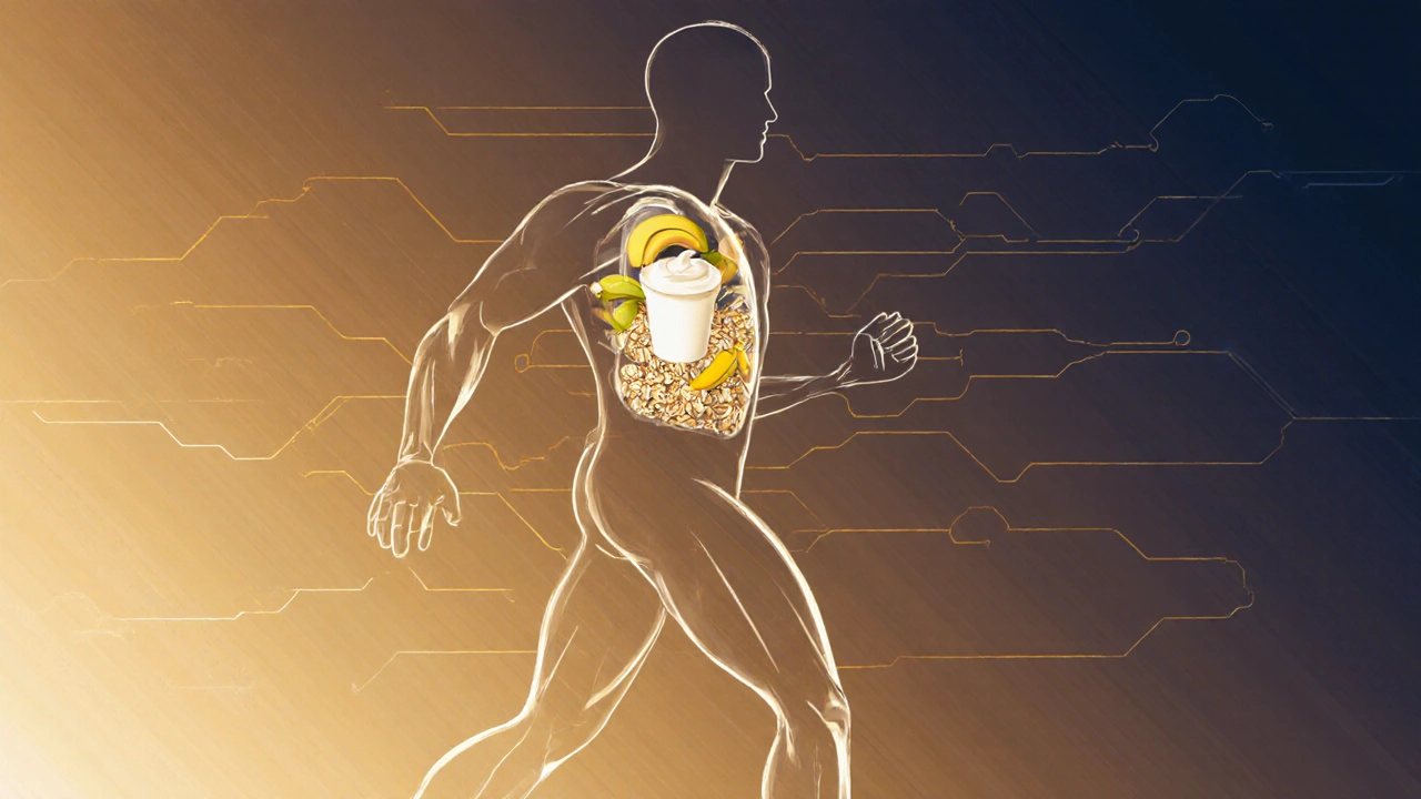 Průhledný lidský obraz s tělem naplněným potravinami jako palivem pro energii.