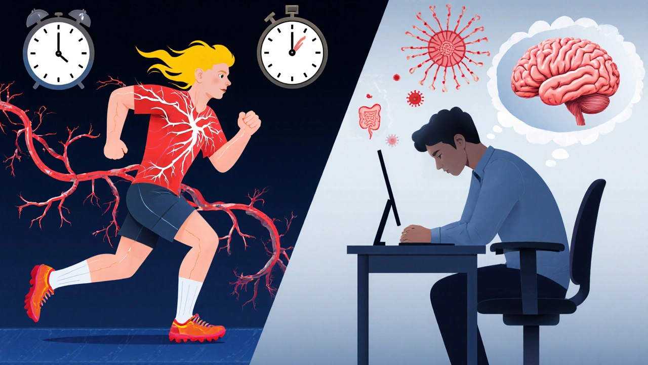 Rozdělený obrázek: levá strana ukazuje akutní stres, pravá chronický stres a poškození orgánů.