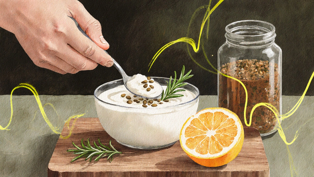 Ruka klade jogurt s semínky a růžmarínem na dřevěnou desku vedle citrusového ovoce.