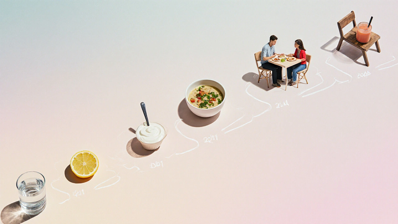 Sedm denních kroků k obnovení apetitu znázorněno jako řada malých potravin na cestě.