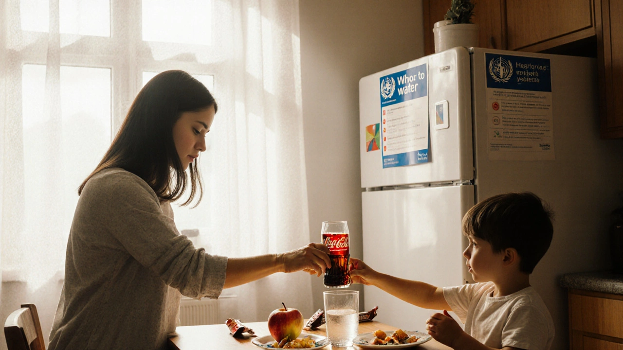 Česká rodina v kuchyni, která volí vodu a jablko místo slazeného nápoje a bonbónu.