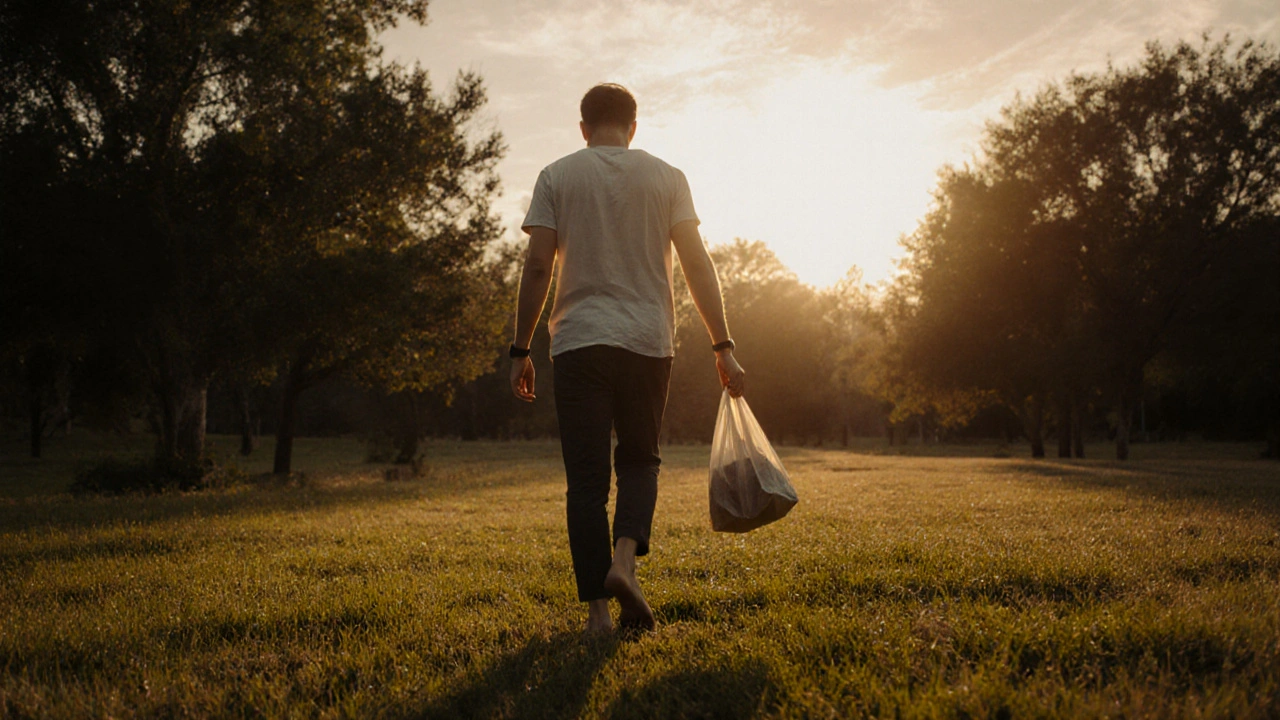 Člověk chodí bosou po trávě večer s nákupní taškou, bez stoperu, v klidné přírodě.