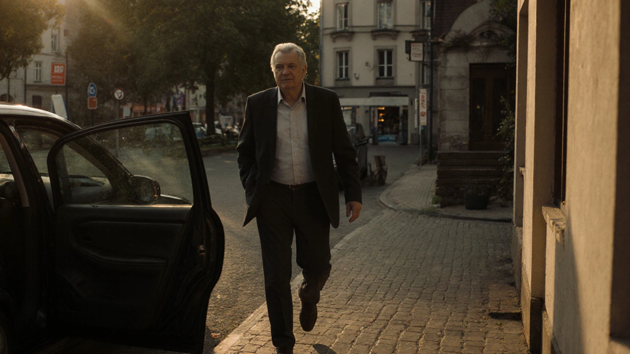 Člověk jde pěšky domů, místo aby jel autem, v klidné české čtvrti.