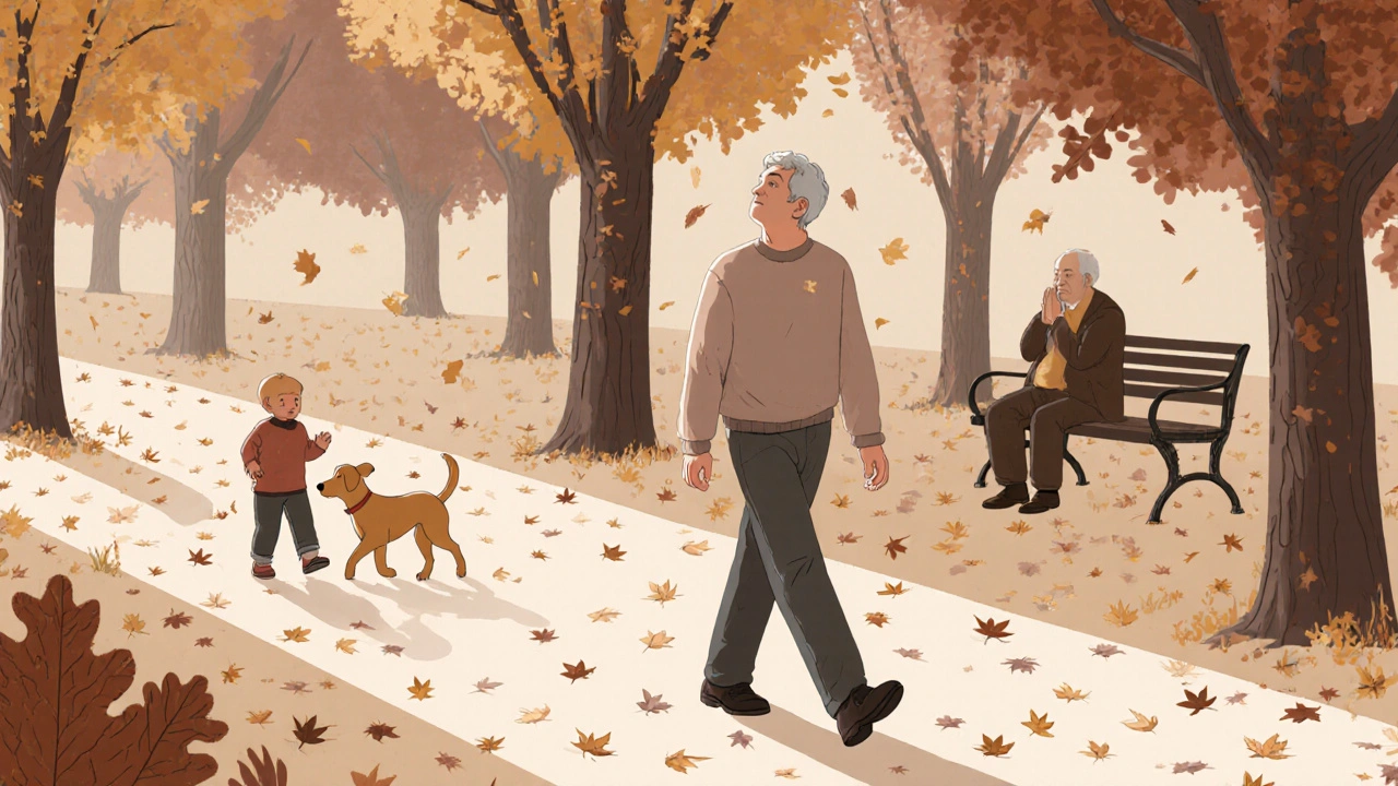 Člověk klidně prochází parkem pod listím, zatímco dítě hraje s psem.