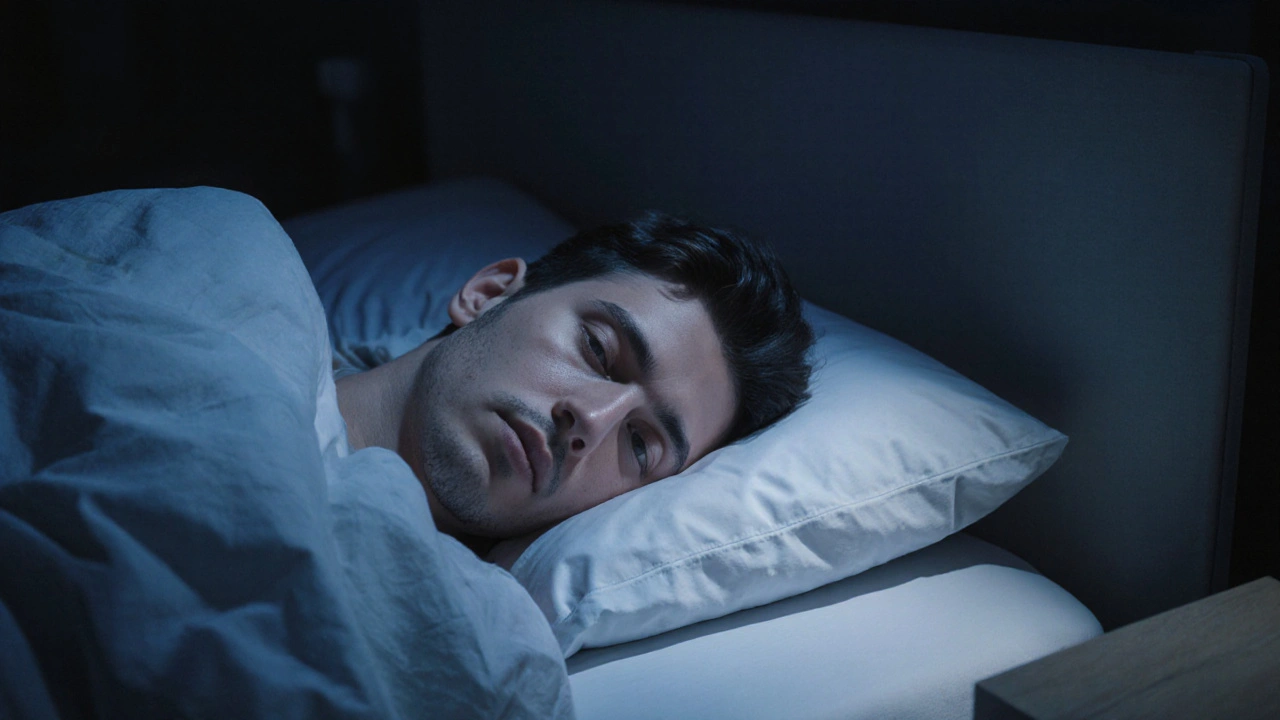 Člověk klidně spí v temné ložnici, bez telefonu, měsíční světlo na podlaze.