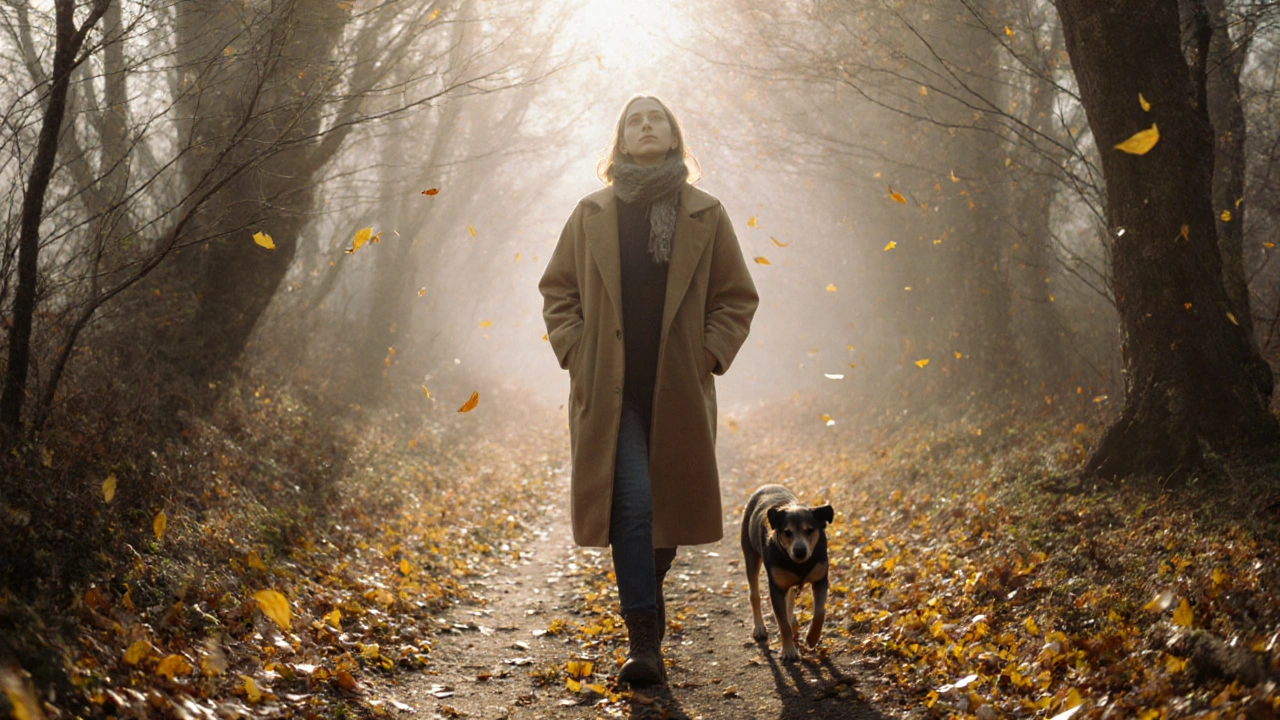 Člověk prochází lesem v podvečer, listy padají, klid a příroda ho uklidňují.