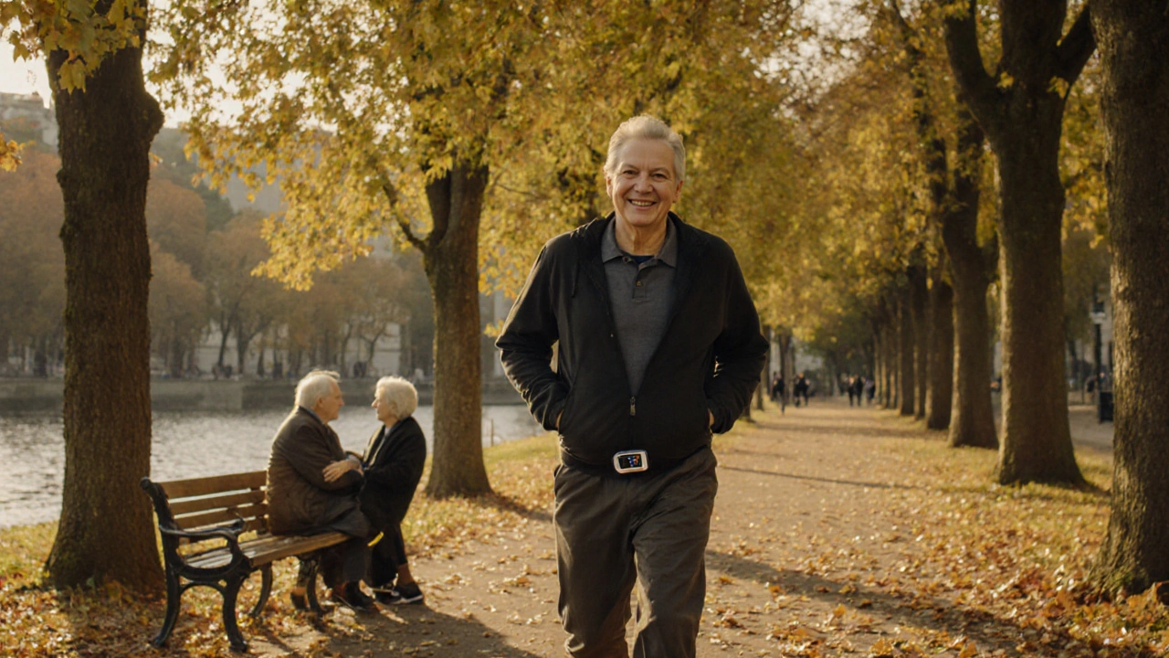Člověk prochází parkem v podzimním světle, okolo něj padají listy, na pasu viditelný krokoměr.