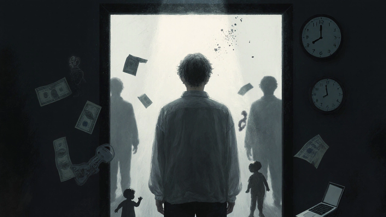 Člověk stojí před zrcadlem, jeho odraz je průhledný, kolem něj se tyčí stíny povinností.