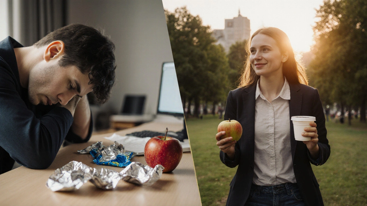 Dva stavy jednoho člověka: unavený u stolu vs. energický na procházce s zdravou svačinou.
