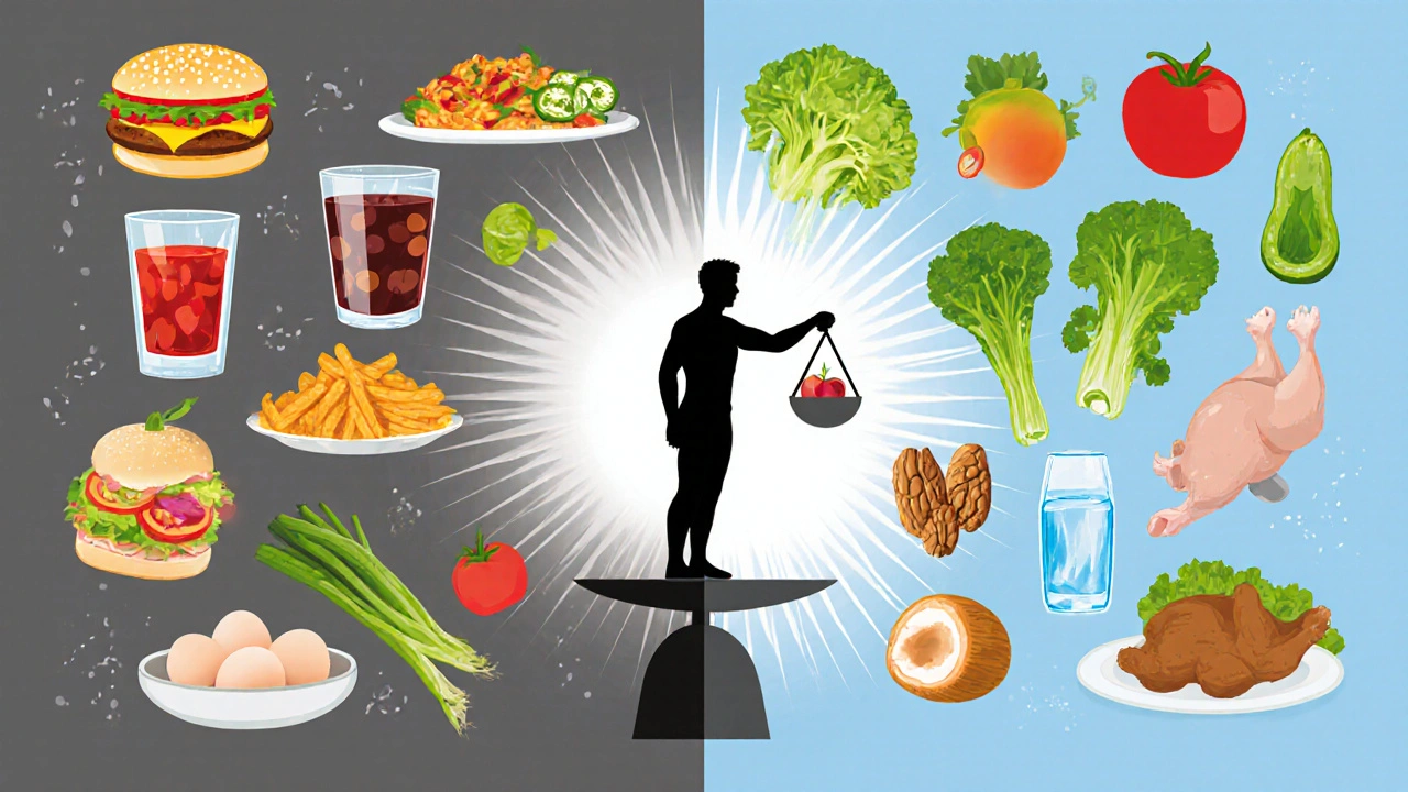 Dvě strany složeného obrázku: nezdravá jídla v šedých tónech a zdravá jídla v barevných tónech.