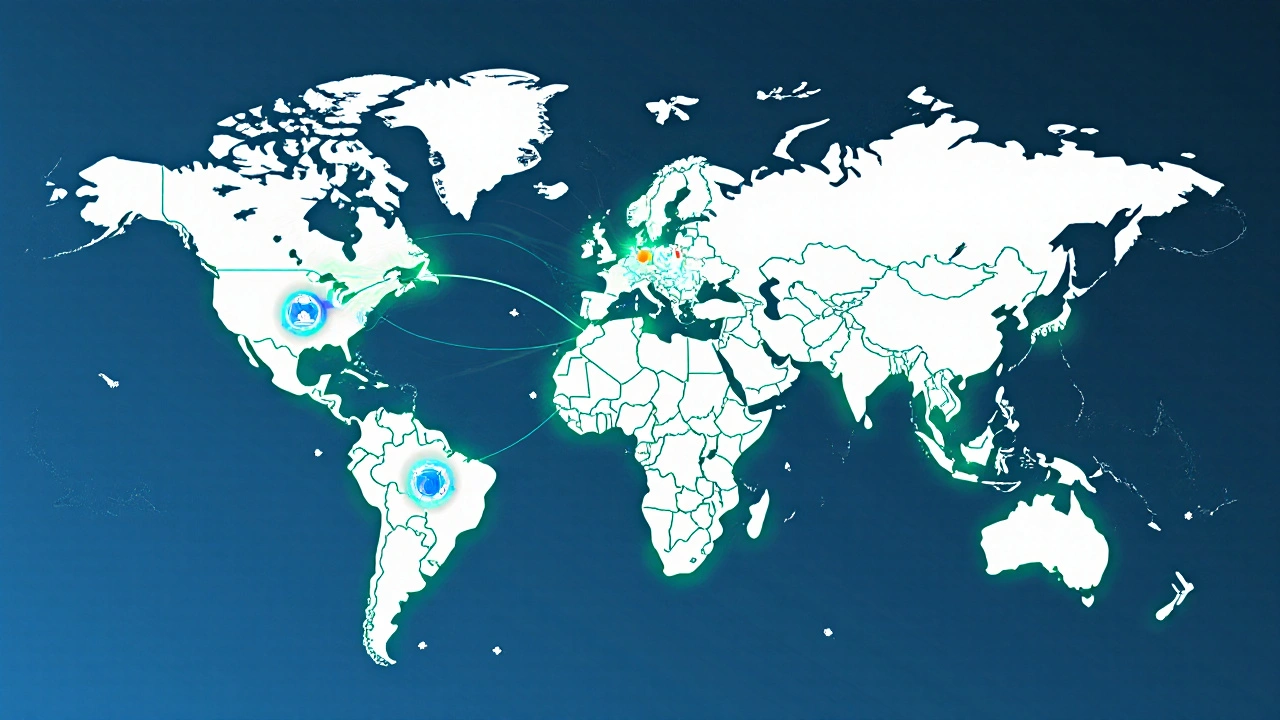 Globální mapa s datovými proudy spojujícími 194 zemí k WHO, symbolizující doporučení pro zdraví.
