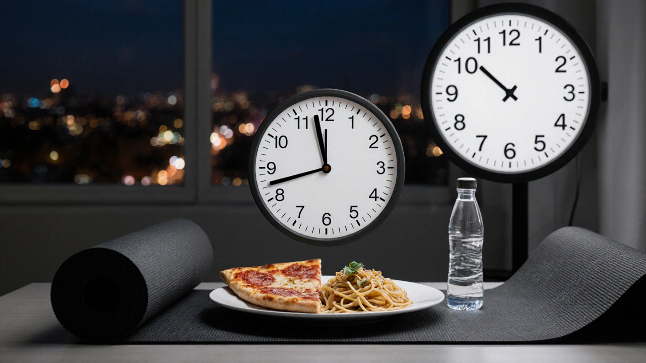 Hodiny na talíři s těžkým jídlem vedle maty pro jógu, symbolizující časování cvičení po večeři.