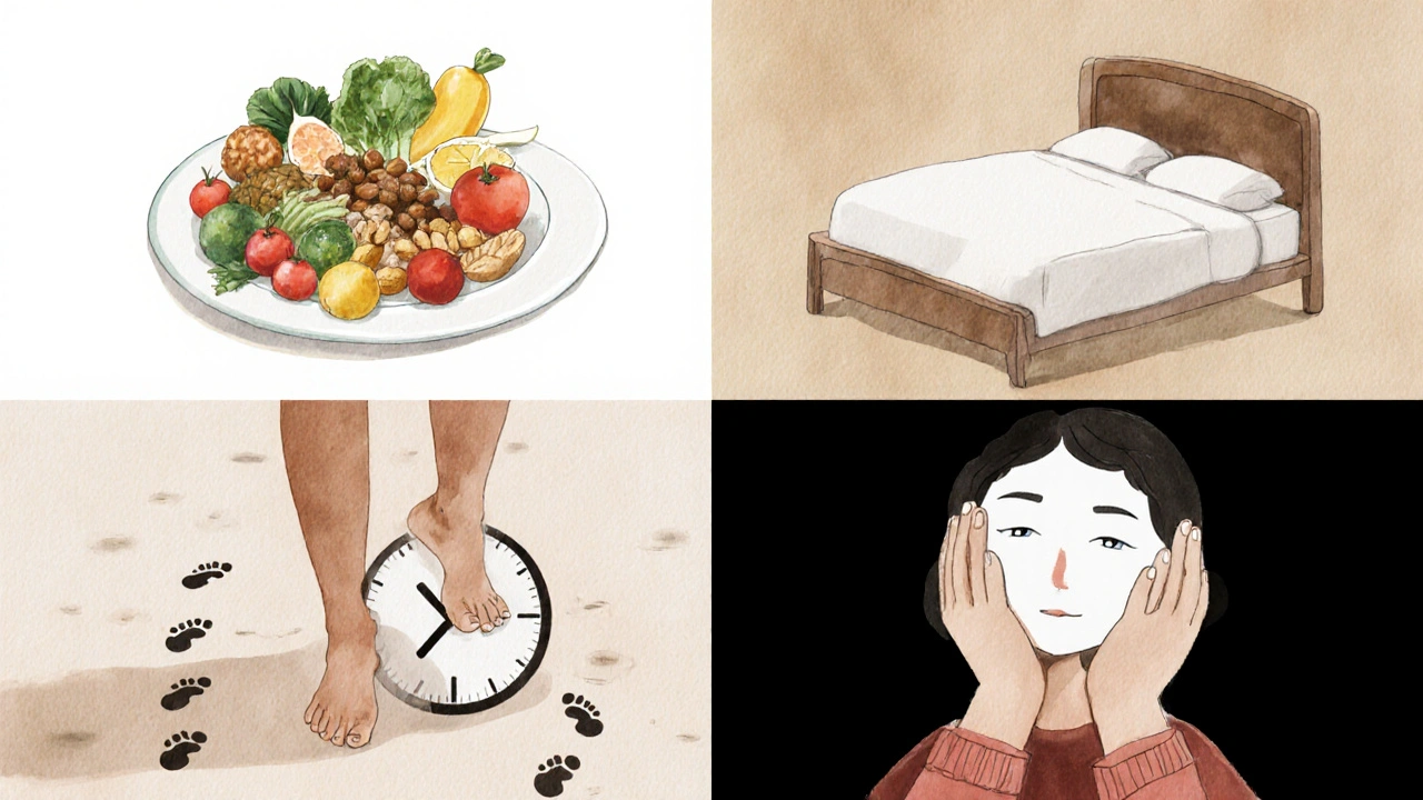 Ilustrace čtyř pilířů zdraví: výživa, spánek, pohyb a klid, znázorněných symbolem bez textu.