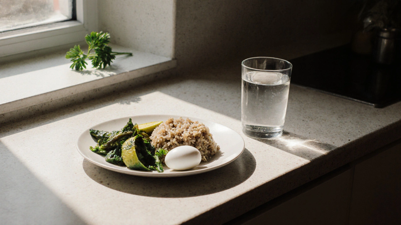 Jednoduché zdravé jídlo na kuchyňském stole s čerstvou zeleninou a sklenicí vody v ranním světle.