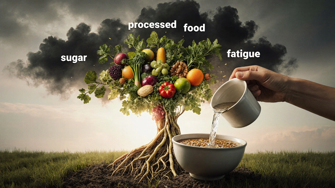 Koncepční obraz lidského těla jako zahrady, kde zdravá jídla vytvářejí energii a odstraňují škodlivé složky.