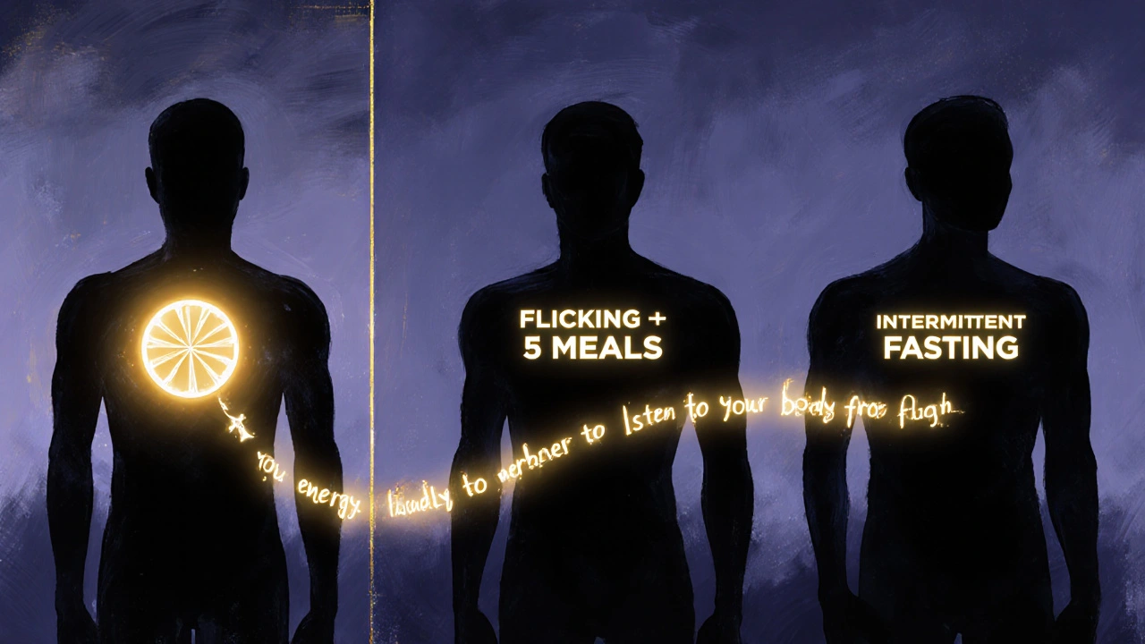 Koncepční obrázek lidské siluety s třemi různými režimy stravování a cestou k poslouchání těla.