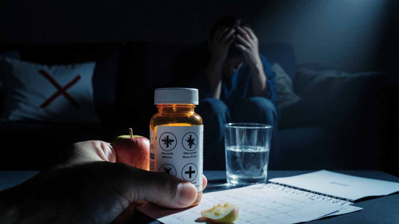 Léky a ovoce na stole, za nimi postava sedící na kanapě.