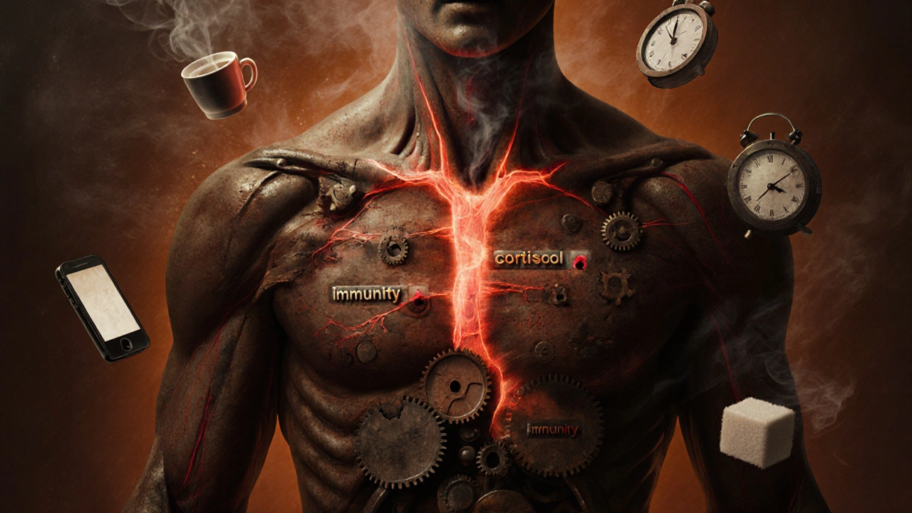 Lidské tělo jako poškozený motor s kouřem a označenými součástmi, symbolizující chronické vyčerpání.