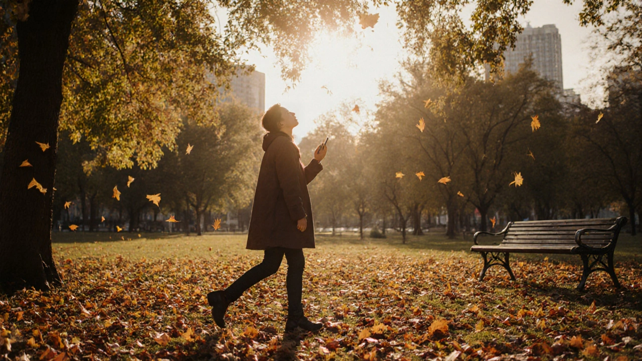 Muž prochází parkem v listopadu, ruce volné, bez telefonu.