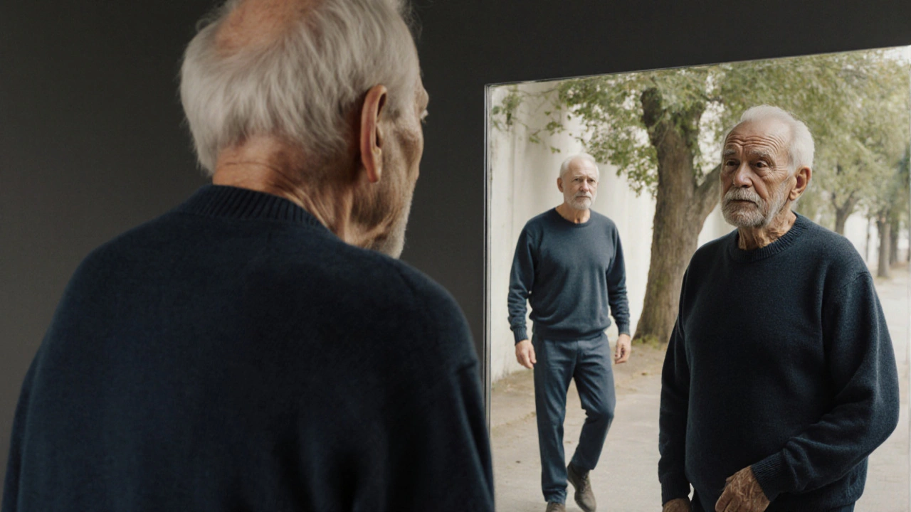 Muž se dívá do zrcadla, kde vidí dvě verze sebe sama – jednu unavenou, druhou živou, symbolizující volbu mezi ničením a péčí o sebe.