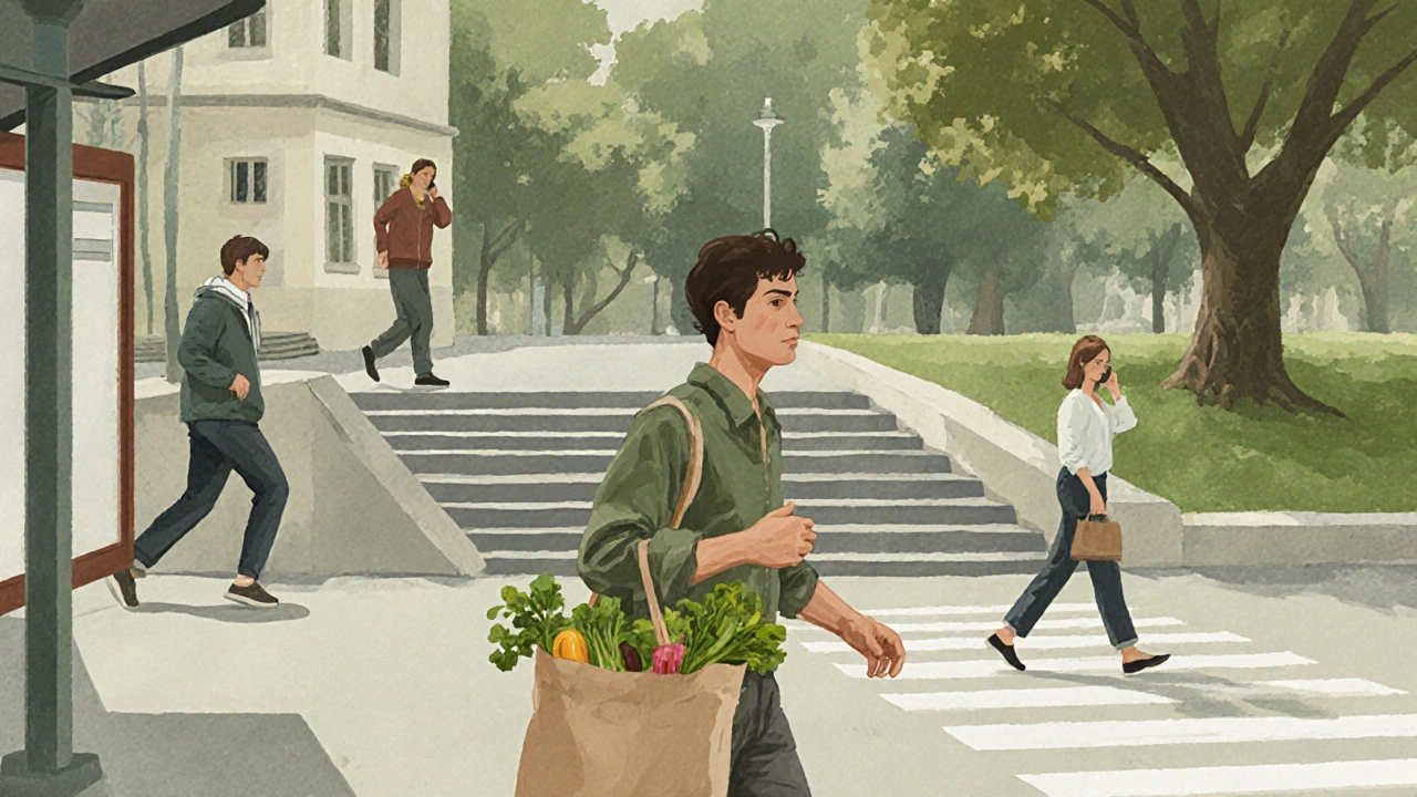 Osoba chodí po ulici v Praze s nákupní taškou a vstupuje do schodů.