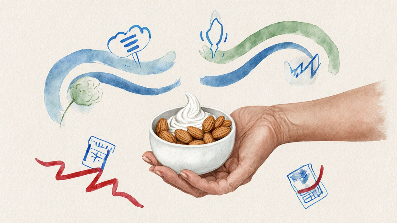Osoba konzumuje lehkou svačinu z oříšků a jogurtu, symbolizující stabilitu hladiny cukru.