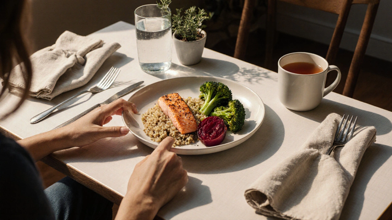 Osoba konzumuje vyvážené jídlo s lososem, kvínou a řepou ve večerním světle.
