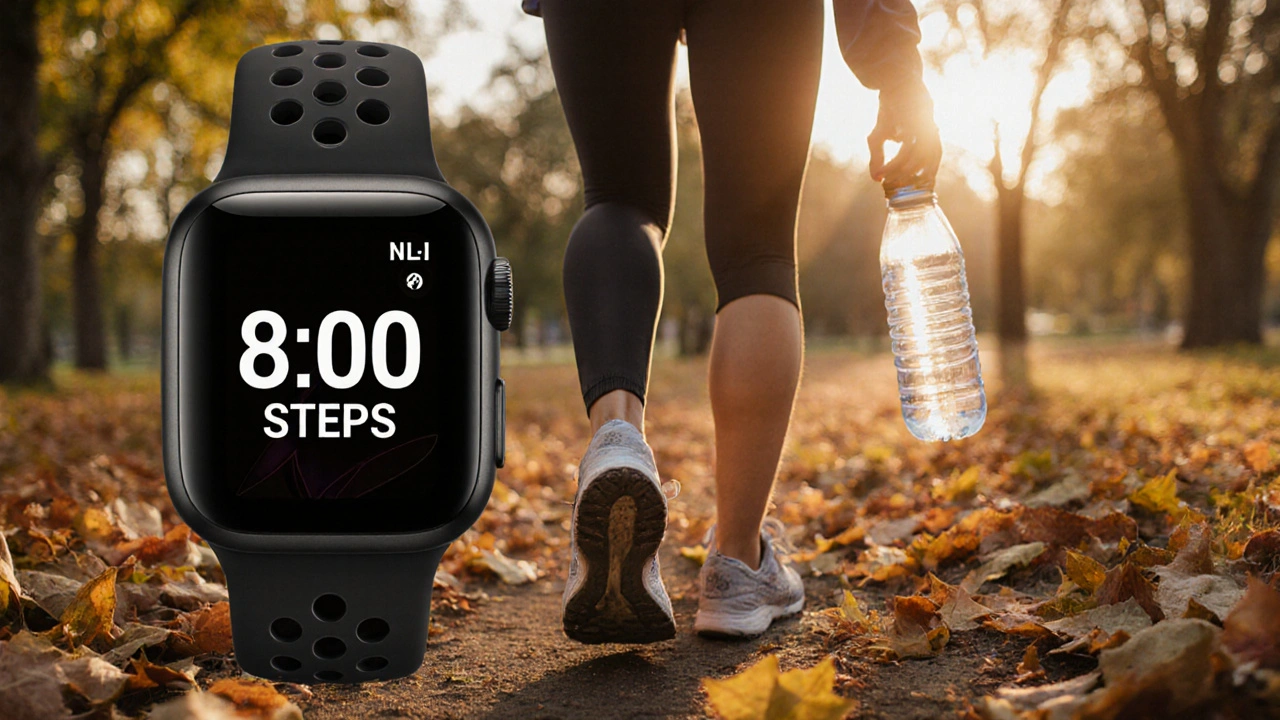 Osoba kráčí v parku při západu slunce, viditelný krokoměr na zápěstí a listí pod nohama.