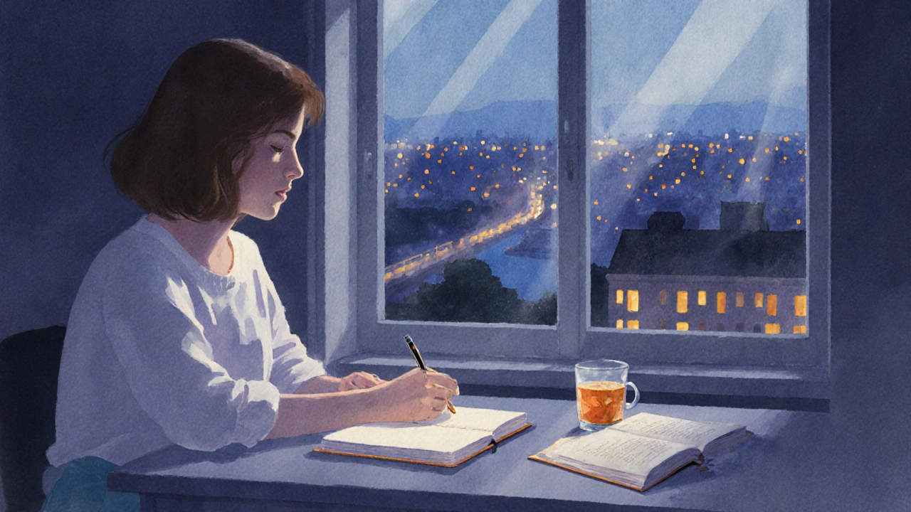 Osoba piše do deníku ve večerním světle, klidně se oddává reflexi.