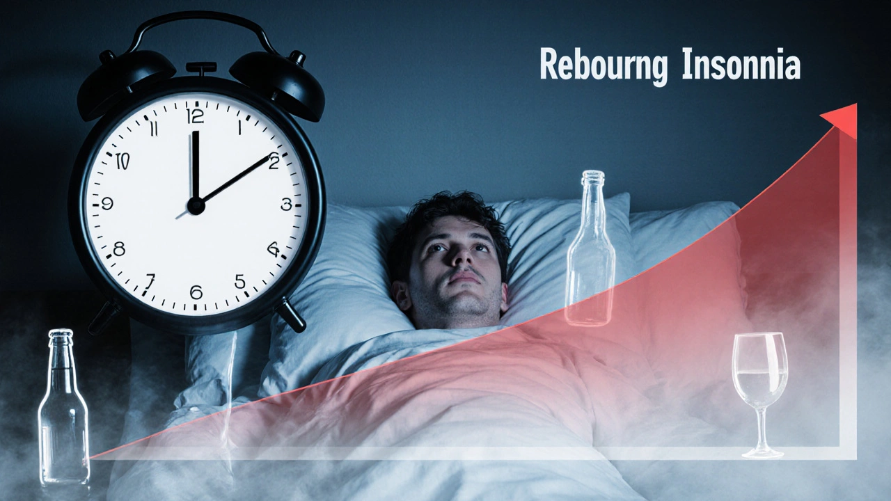 Osoba probouzející se v polovině noci s náznaky alkoholických nápojů rozptylujících se jako mlha.