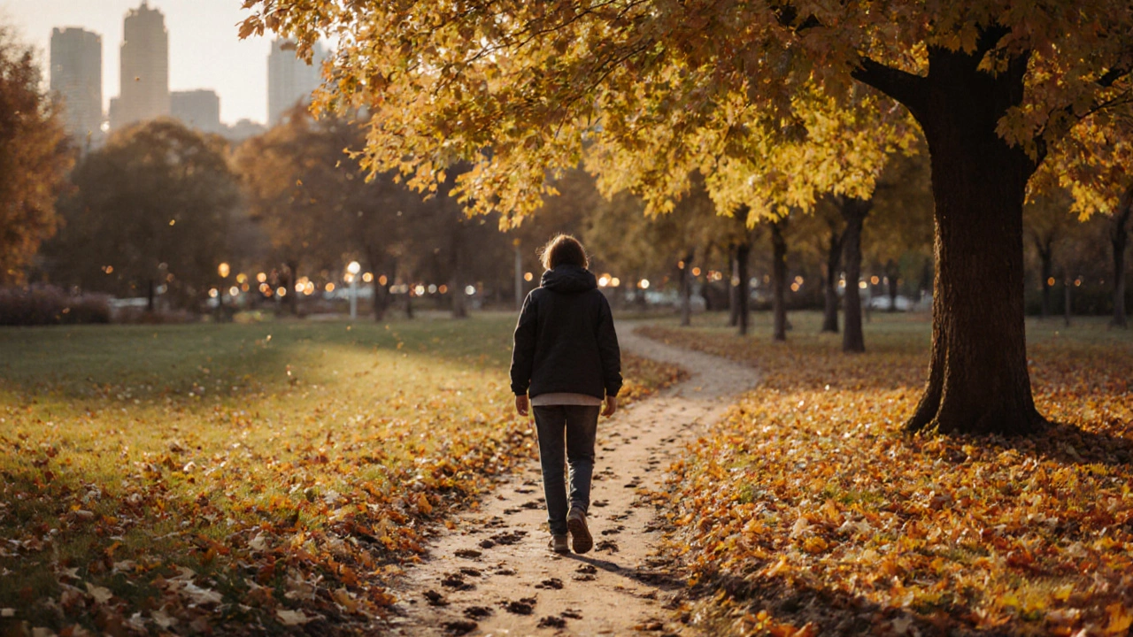 Osoba prochází listnatým parkem v podzimu, listy padají kolem ní.
