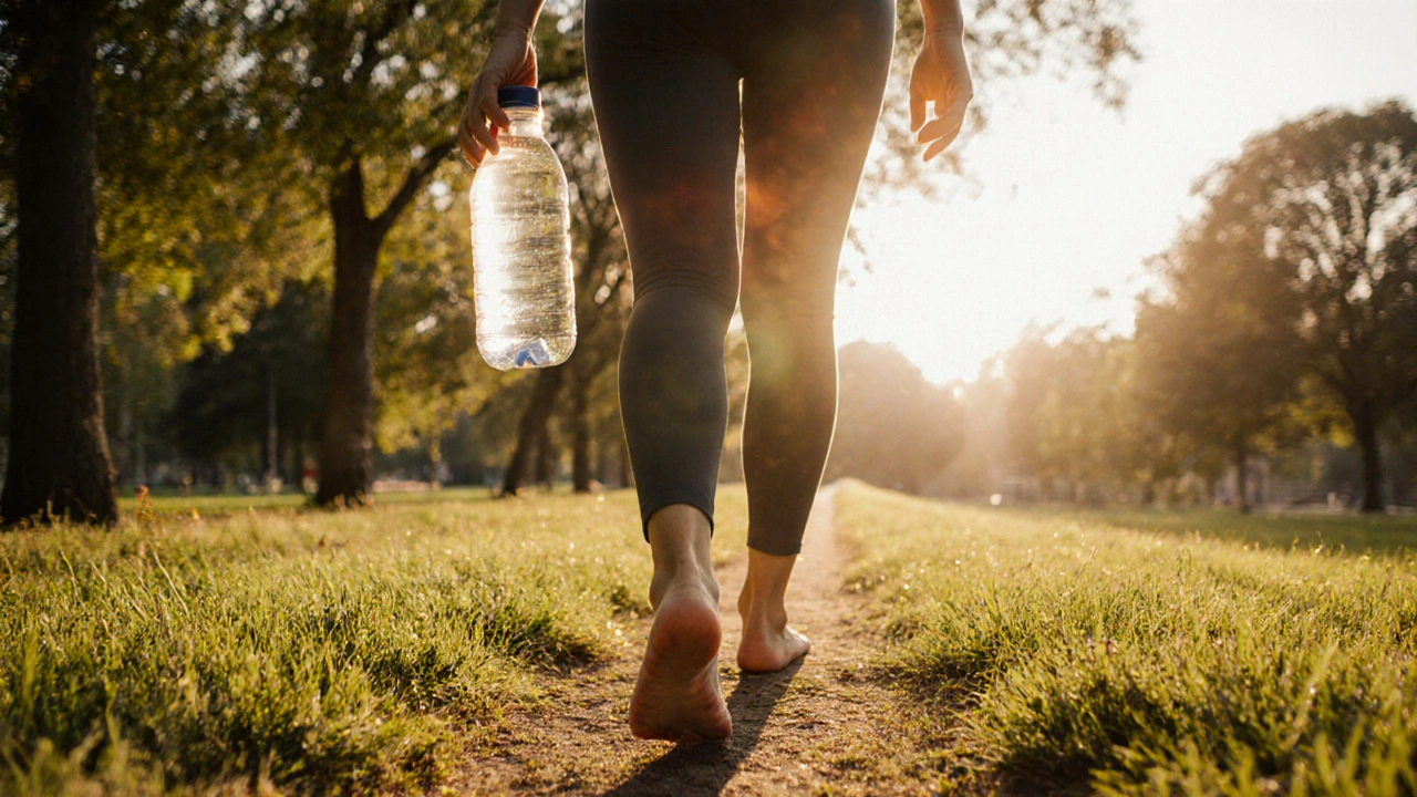 Osoba prochází parkem na západu slunce, drží láhev vody a cítí klid v přírodě.