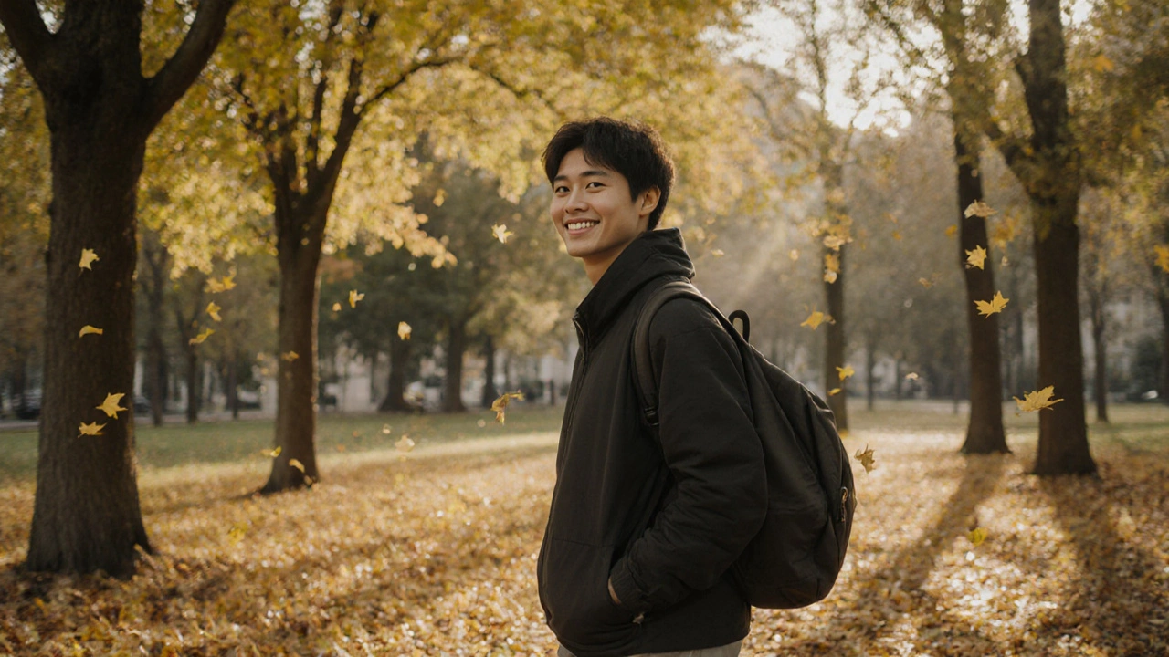 Osoba se klidně prochází v parku v podzimním světle, bez technologií, jen s přírodou kolem sebe.