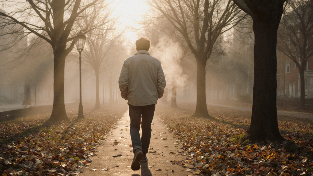 Osoba se prochází listnatým parkem v podzimním světle.