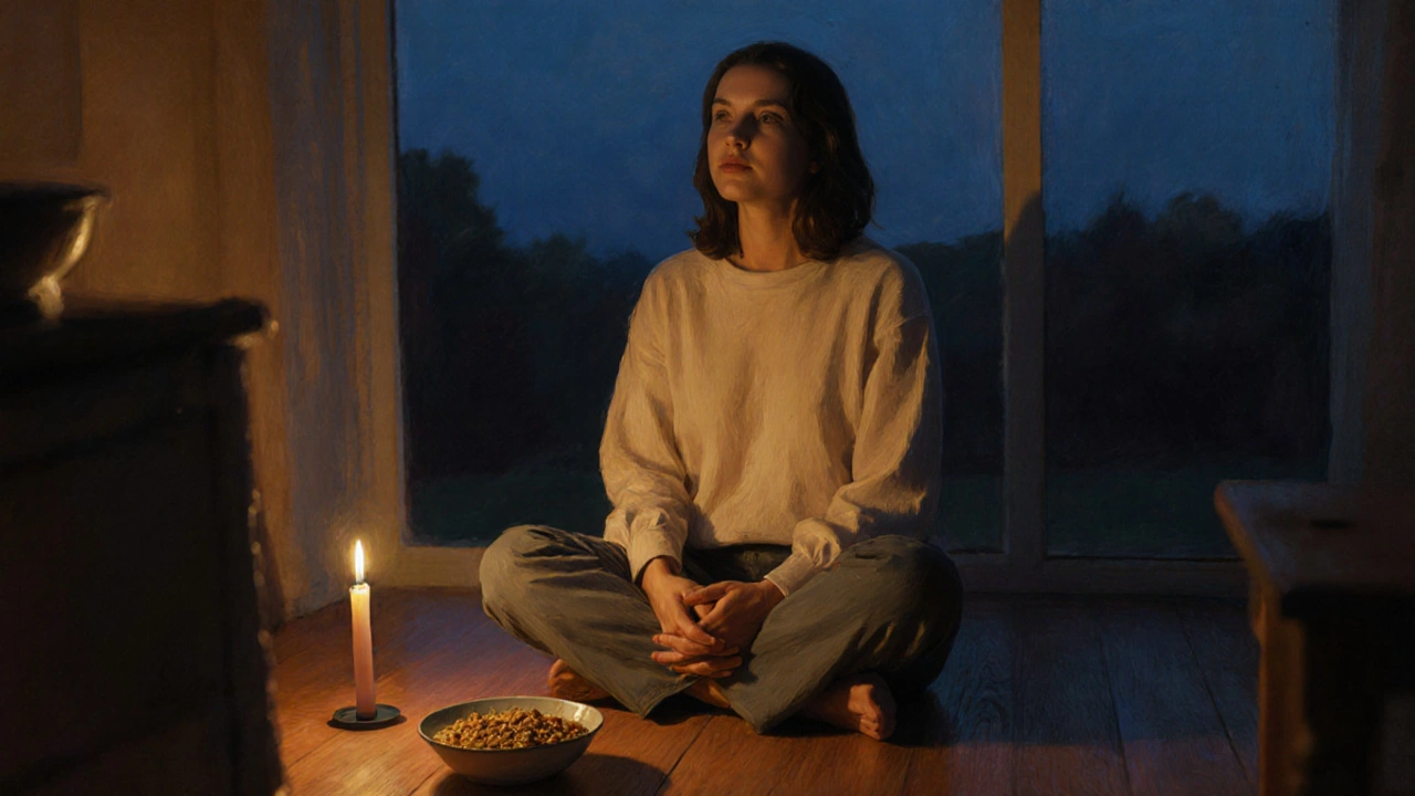 Osoba sedí v klidu na podlaze při svíčce, dýchá hluboce, vedle ní je polévka, žádné obrazovky.
