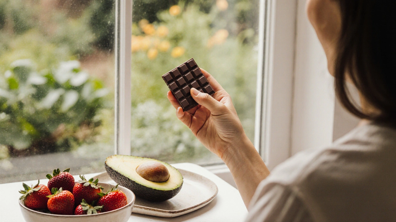 Osoba si chutná na tmavou čokoládu a jahody vedle avokáda