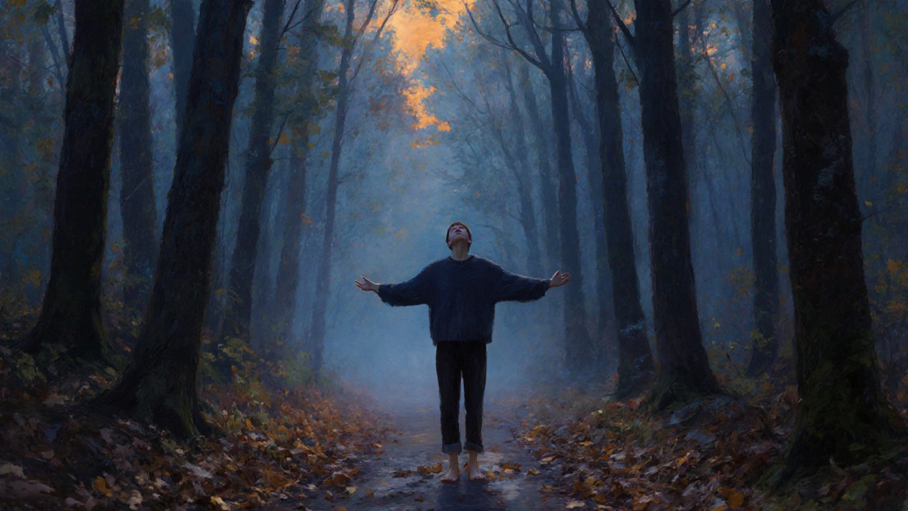 Osoba stojí bosá v lese při soumraku, dýchá hluboce, ticho a klid.