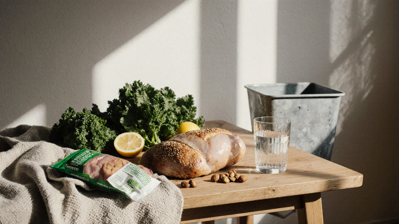 Přirozená jídelníčková scéna s čerstvými potravinami a odhozeným balíčkem zpracovaného jídla.