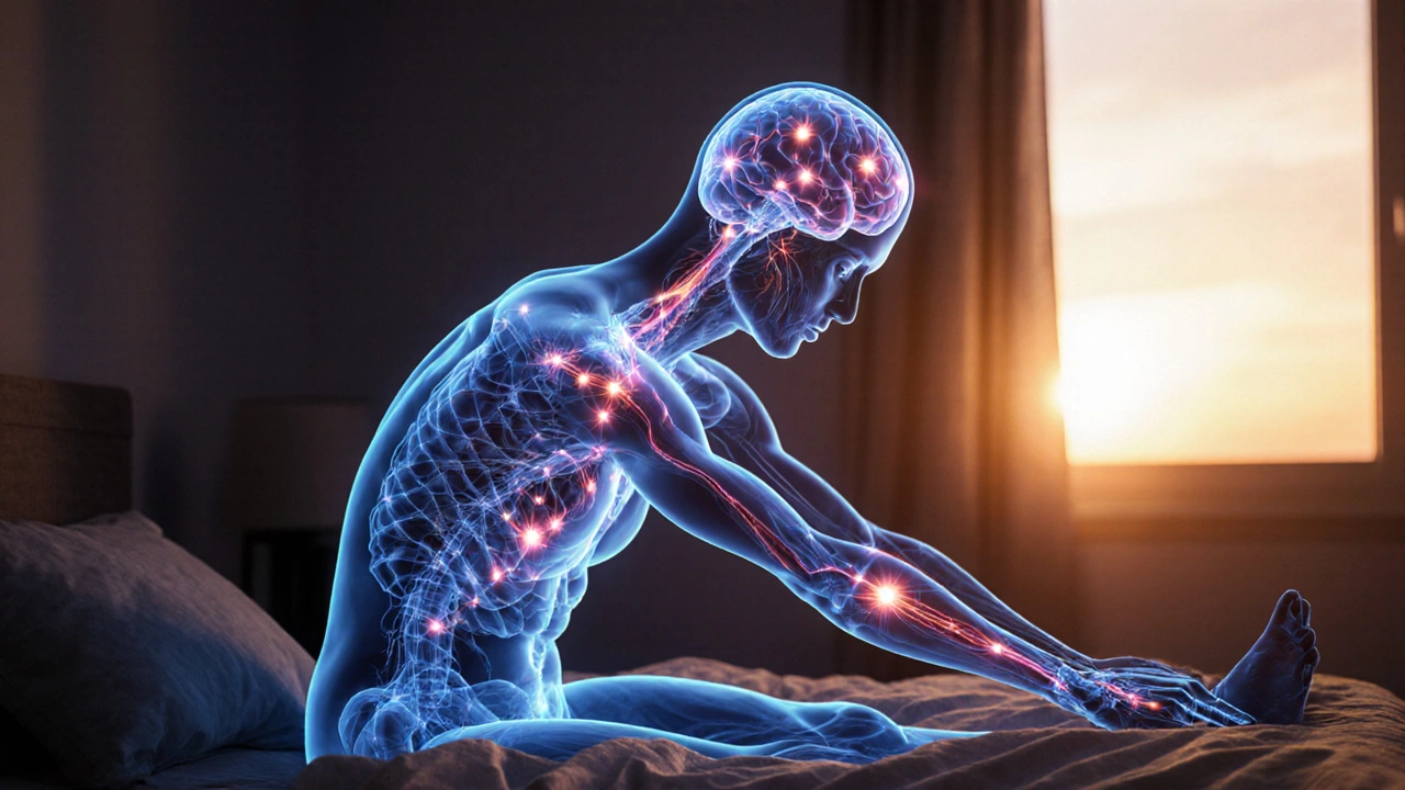 Průhledné tělo s viditelnými krevními cévami a aktivními nervy při lehkém protahování.